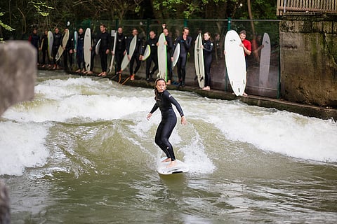 The Eisbach is a small man-made river, 2 kilometres long, in Munich.